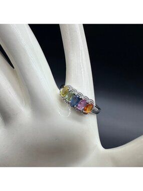 Vintage Sterling Silver Multicolor Gemstone Ring Rainbow Statement Size 10.75
